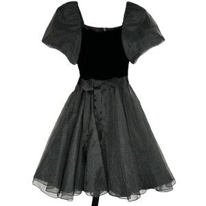 80s Velvet Tulle Polka Dot Dress Size 5 Puff Sleeves Milkmaid Whimsigoth Vintage